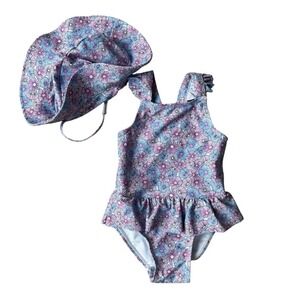 Andy & Evan Baby Girls Daisy Floral Ruffle One Piece Swimsuit and Sun Hat 12-18M